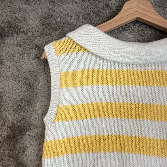 Vintage Sweater Vest Yellow White Stripe Foldover Collar Women's Sleeveless - Picture 3 of 5